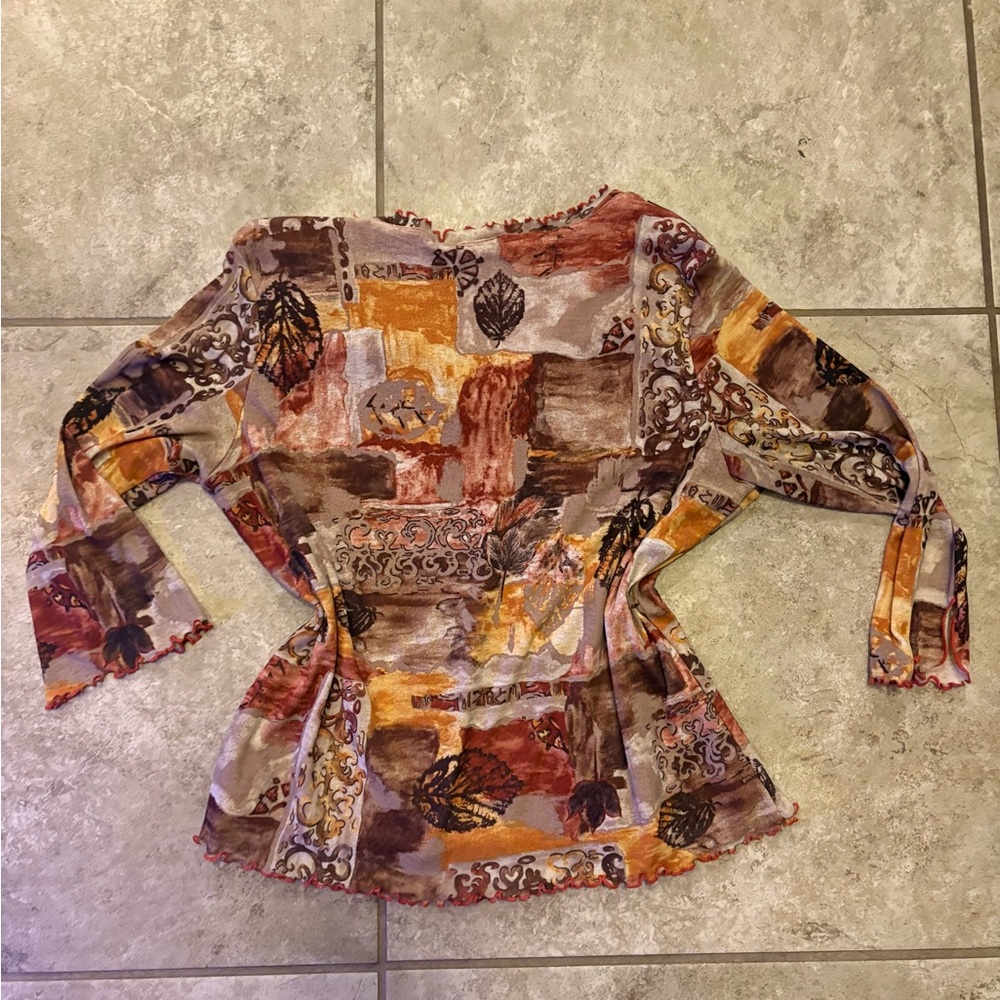 Artistic Patchwork V-Neck Blouse - image 3